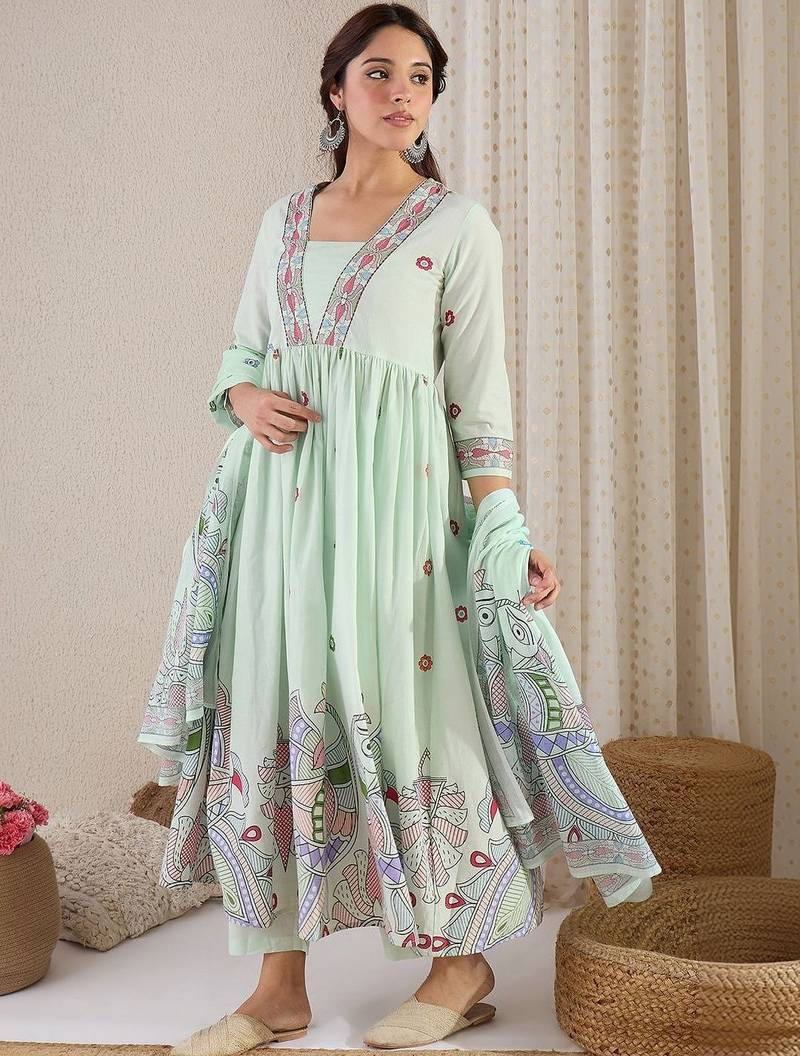 Ethnic Motifs Printed Panelled Pure Cotton Kurta with Trousers & With Dupatta