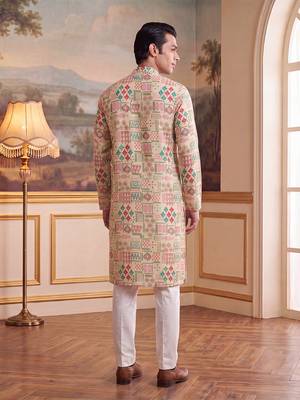 Mens cream linen geometric print regular kurta with trouser 2