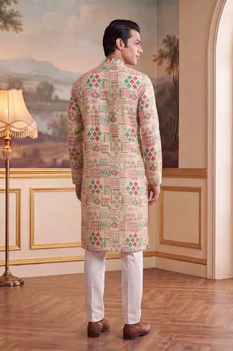Mens cream linen geometric print regular kurta with trouser