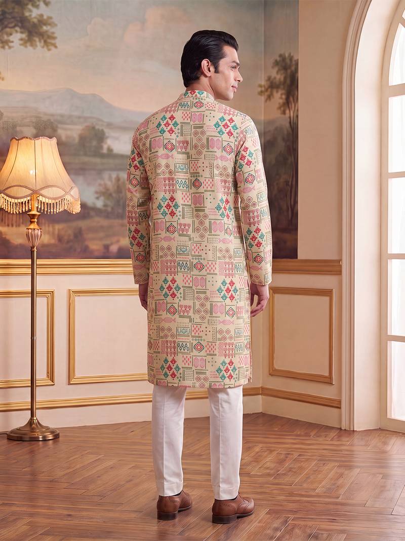 Mens cream linen geometric print regular kurta with trouser