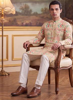 Mens cream linen geometric print regular kurta with trouser 3