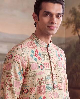 Mens cream linen geometric print regular kurta with trouser 4