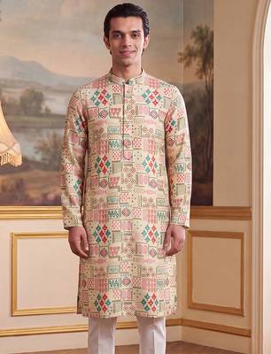 Mens cream linen geometric print regular kurta with trouser 5