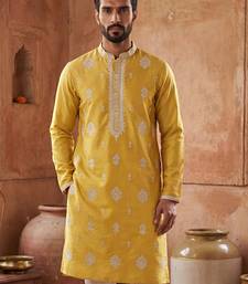 Mens yellow silk blend solid embroidered kurta with trouser