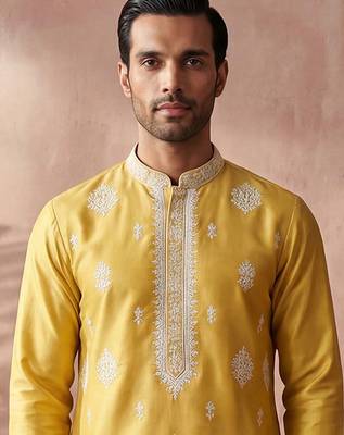 Mens yellow silk blend solid embroidered kurta with trouser 2