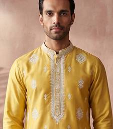 Mens yellow silk blend solid embroidered kurta with trouser