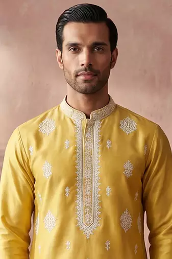 Mens yellow silk blend solid embroidered kurta with trouser