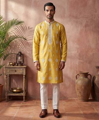 Mens yellow silk blend solid embroidered kurta with trouser 3