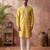 Mens yellow silk blend solid embroidered kurta with trouser
