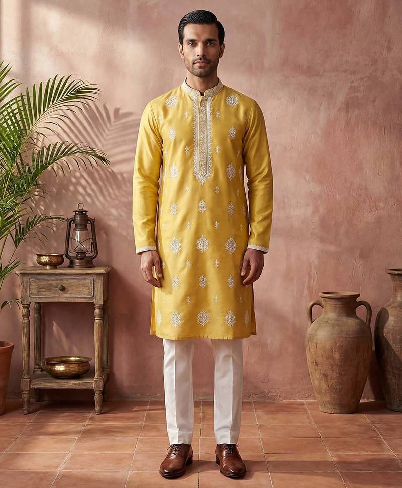 Mens yellow silk blend solid embroidered kurta with trouser