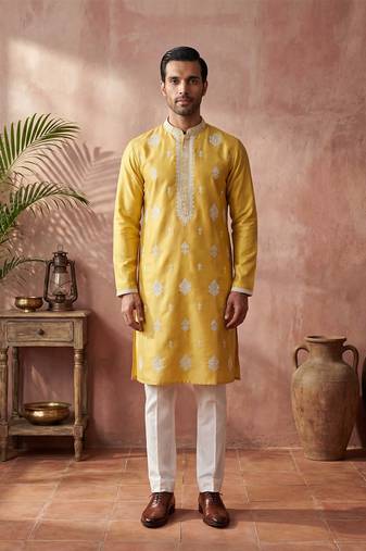 Mens yellow silk blend solid embroidered kurta with trouser