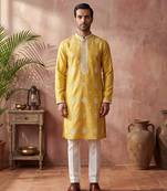 Mens yellow silk blend solid embroidered kurta with trouser