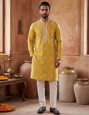 Mens yellow silk blend solid embroidered kurta with trouser 1