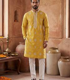 Mens yellow silk blend solid embroidered kurta with trouser