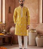 Mens yellow silk blend solid embroidered kurta with trouser