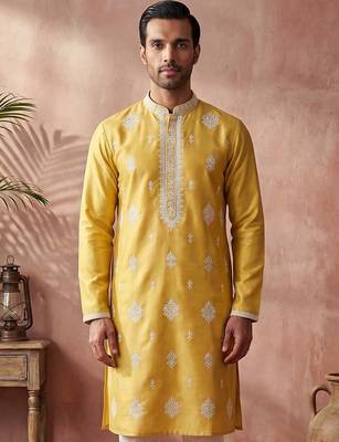 Mens yellow silk blend solid embroidered kurta with trouser 4