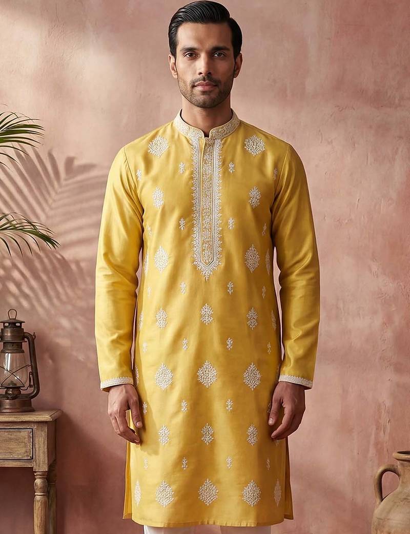 Mens yellow silk blend solid embroidered kurta with trouser