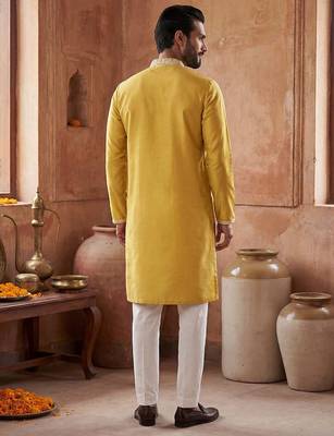Mens yellow silk blend solid embroidered kurta with trouser 5
