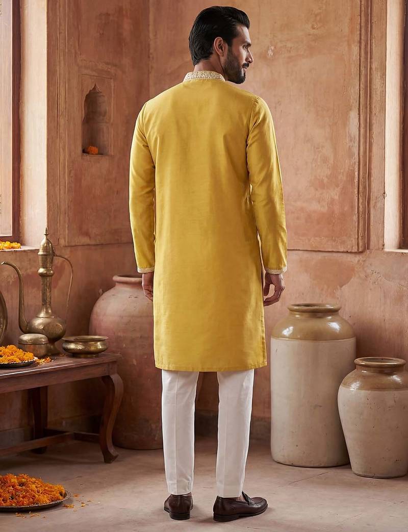 Mens yellow silk blend solid embroidered kurta with trouser