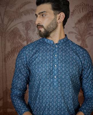 Mens blue linen floral print regular kurta with trouser 2