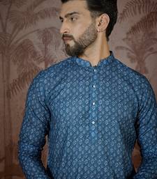 Mens blue linen floral print regular kurta with trouser