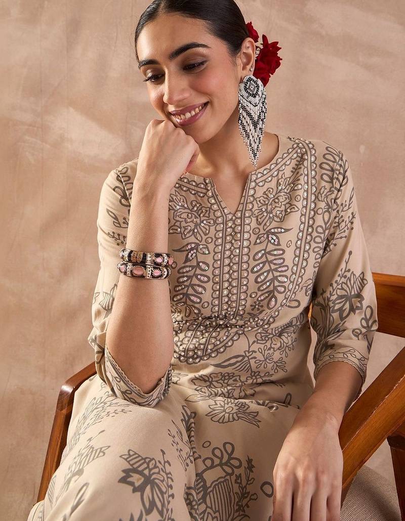 Women Ethnic Motifs Printed Regular Sequinned Kurta with Trousers