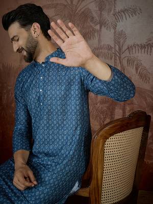 Mens blue linen floral print regular kurta with trouser 3