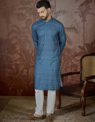 Mens blue linen floral print regular kurta with trouser 1