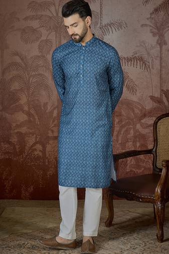 Mens blue linen floral print regular kurta with trouser