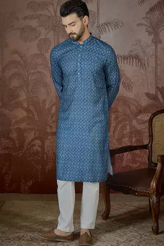 Mens blue linen floral print regular kurta with trouser