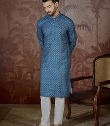 Mens blue linen floral print regular kurta with trouser