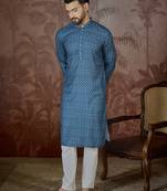 Mens blue linen floral print regular kurta with trouser