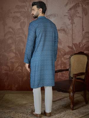 Mens blue linen floral print regular kurta with trouser 4