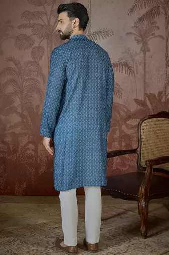 Mens blue linen floral print regular kurta with trouser