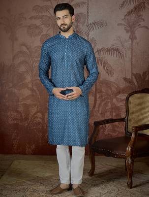 Mens blue linen floral print regular kurta with trouser 5