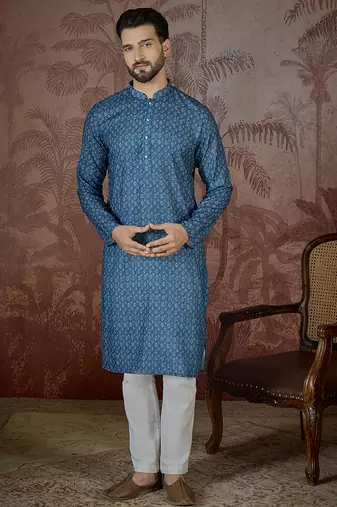 Mens blue linen floral print regular kurta with trouser