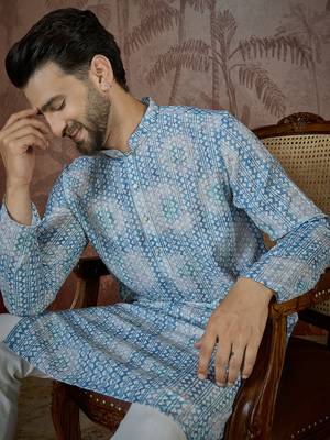 Mens blue linen ethnic motifs printed regular kurta with trouser 1