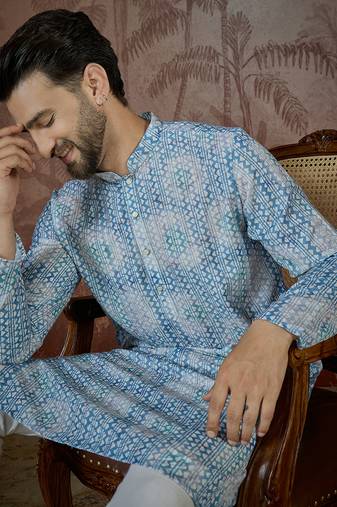 Mens blue linen ethnic motifs printed regular kurta with trouser