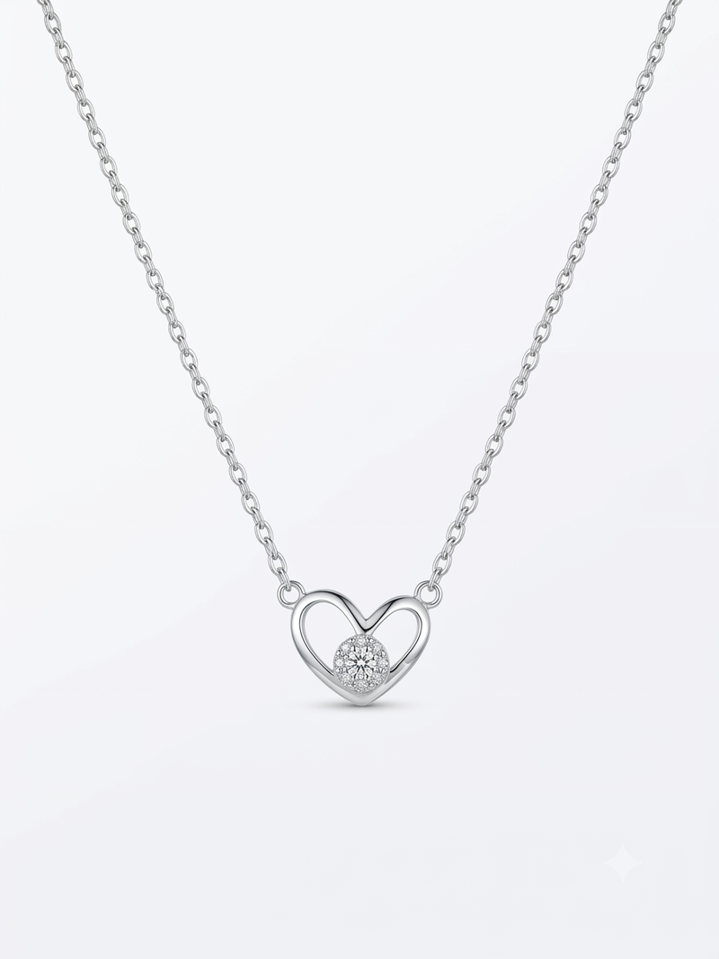 925 Sterling Silver Open Heart Solitaire Pendant Necklace Set for Women