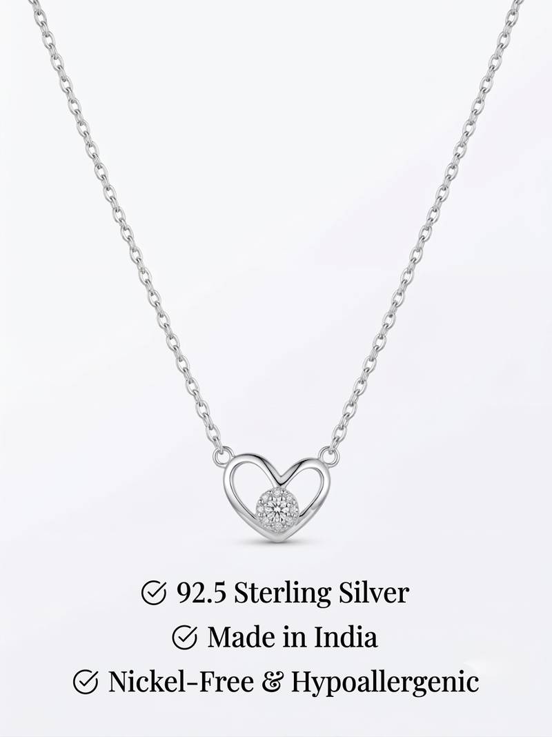 925 Sterling Silver Open Heart Solitaire Pendant Necklace Set for Women
