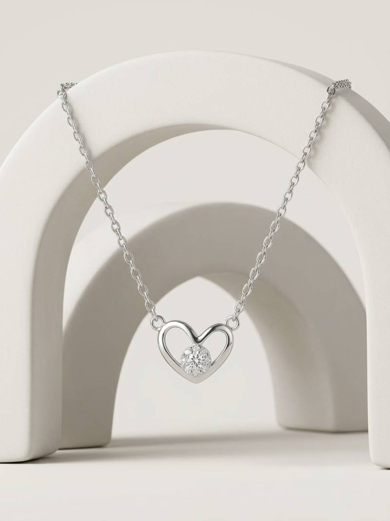 925 Sterling Silver Open Heart Solitaire Pendant Necklace Set for Women