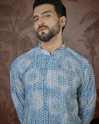 Mens blue linen ethnic motifs printed regular kurta with trouser 2