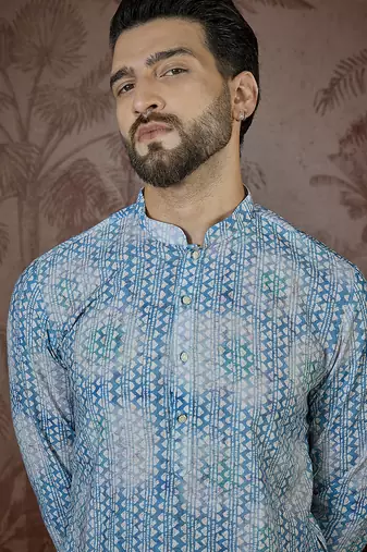 Mens blue linen ethnic motifs printed regular kurta with trouser
