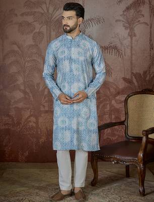 Mens blue linen ethnic motifs printed regular kurta with trouser 5