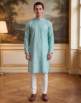 Mens blue linen bandhani printed regular kurta with trouser 1