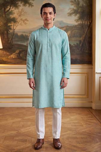 Mens blue linen bandhani printed regular kurta with trouser