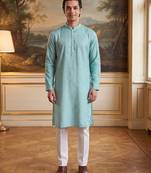 Mens blue linen bandhani printed regular kurta with trouser