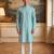Mens blue linen bandhani printed regular kurta with trouser