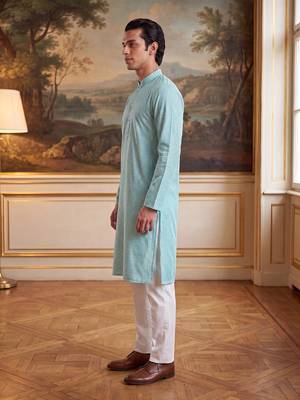 Mens blue linen bandhani printed regular kurta with trouser 3