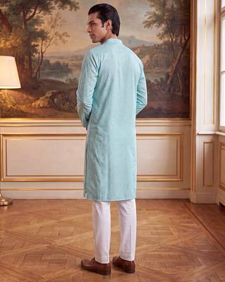Mens blue linen bandhani printed regular kurta with trouser 4